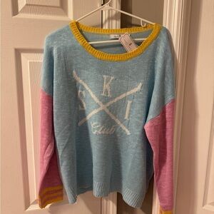 🩷 NWT Simply Southern Pastel Blue Sweater with Pink Sleeves & Yellow Trim